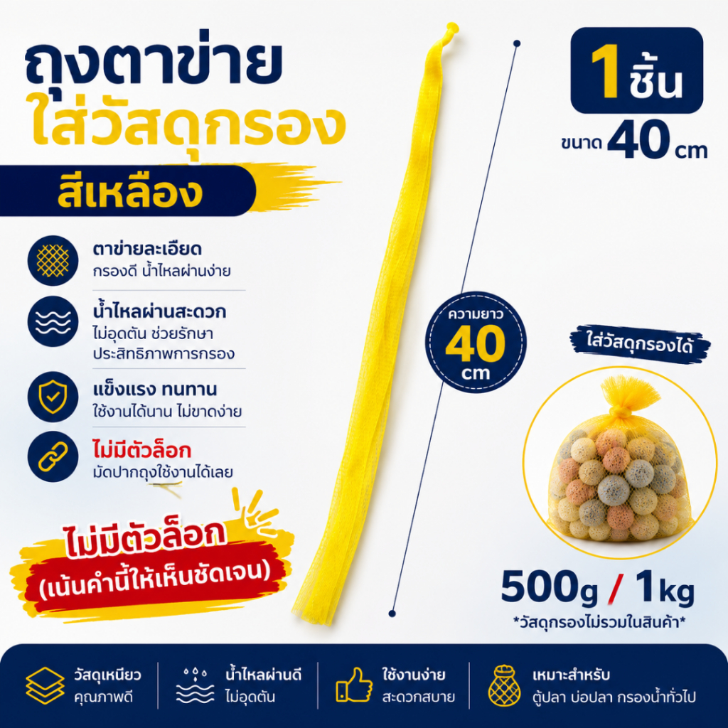 ถุงตาข่าย ใส่วัสดุกรองตู้ปลาสีเหลือง ขนาด40cm (ไม่มีตัวล็อก)
