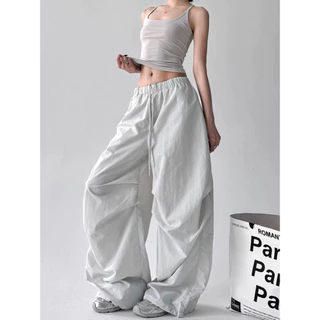 [Summer quick drying fabric, casual pants]สไตล์อเมริกันวินเทจผู้หญิงสีทึบแจ๊สเต้นลำลองกางเกงขากว้าง