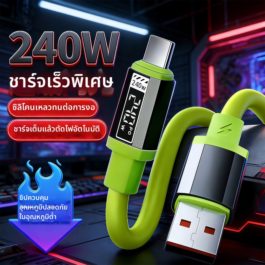 สายชาร์จพรีเมียม 240W USB Type C to C ซิลิโคนเหลว นุ่มพิเศษ ชาร์จไว PD สายไม่พันกัน 1-2m