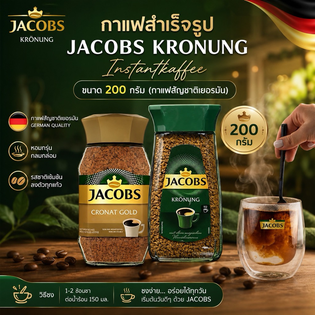 กาแฟสำเร็จรูป JACOBS KRONUNG  Instantkaffee ในขวดแก้ว ขนาด 200 กรัม (กาแฟสัญชาติเยอรมัน) พร้อมส่ง