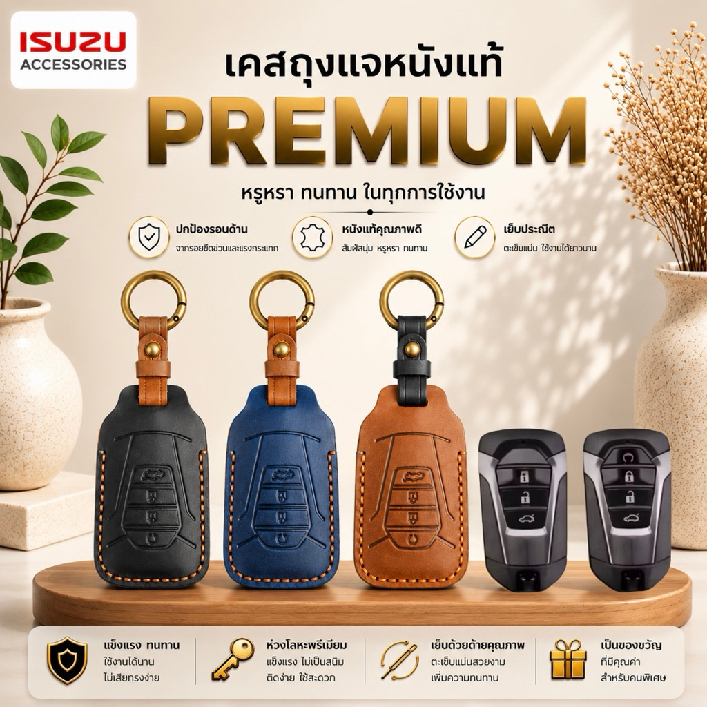 ซองหนังแท้ ใส่กุญแจรีโมทรถยนต์ รุ่นหนังกลับ New! Isuzu MU-X  V-Cross,BT-50 2020-26 Smart Key