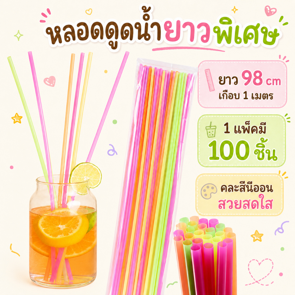 หลอดดูดน้ำยาวพิเศษ 98 cm. (เกือบ 1 เมตร) คละสี 100 ชิ้น สีสดใส หลอดยาว 1 เมตร