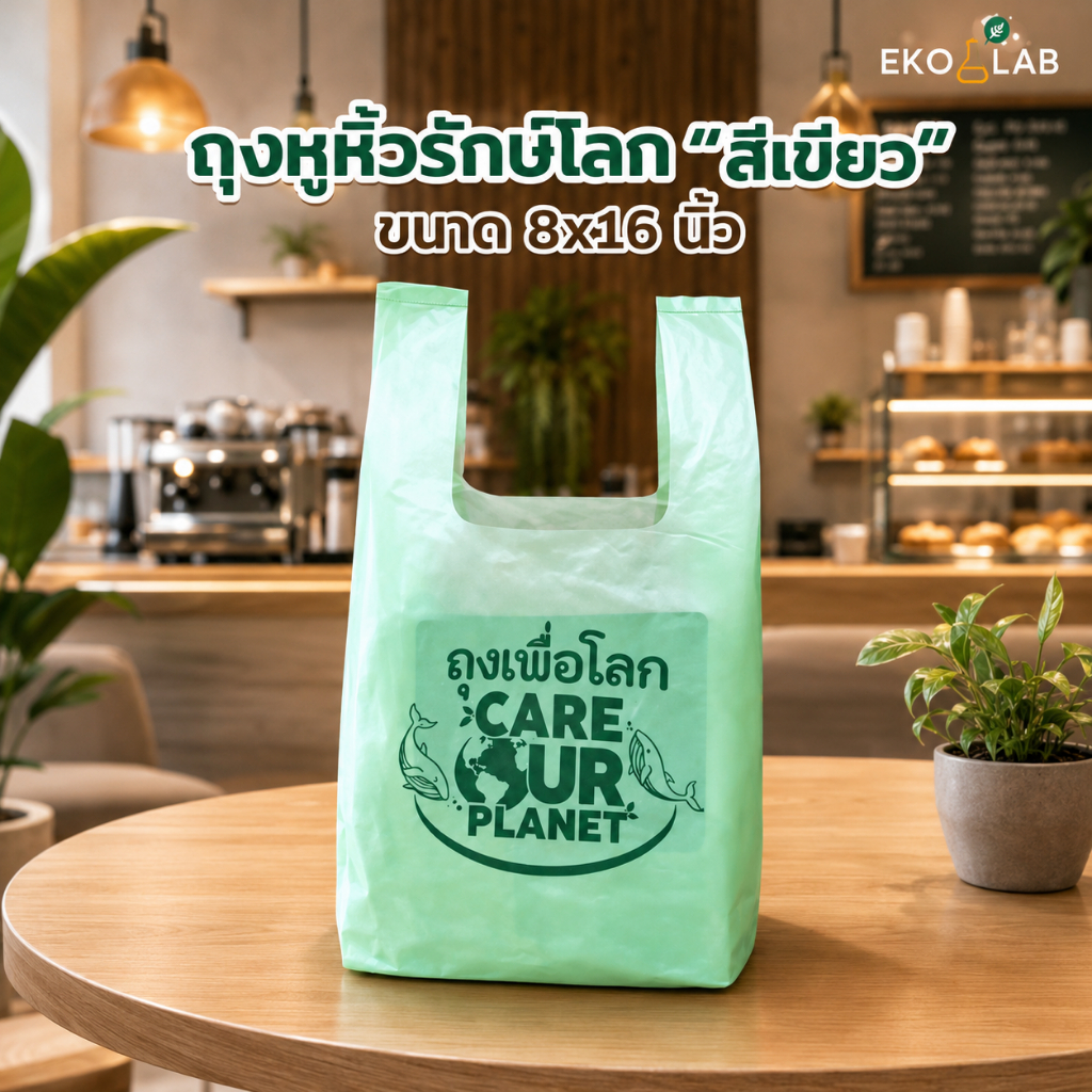 ถุงหูหิ้วรักษ์โลก "สีเขียว" 8x16 นิ้ว ถุงรักษ์โลก ถุงหูหิ้ว ถุงใส่ขนม ถุงใส่กล่องอาหาร ถุงใส่ยา ถุงหิ้ว ถุงพลาสติก