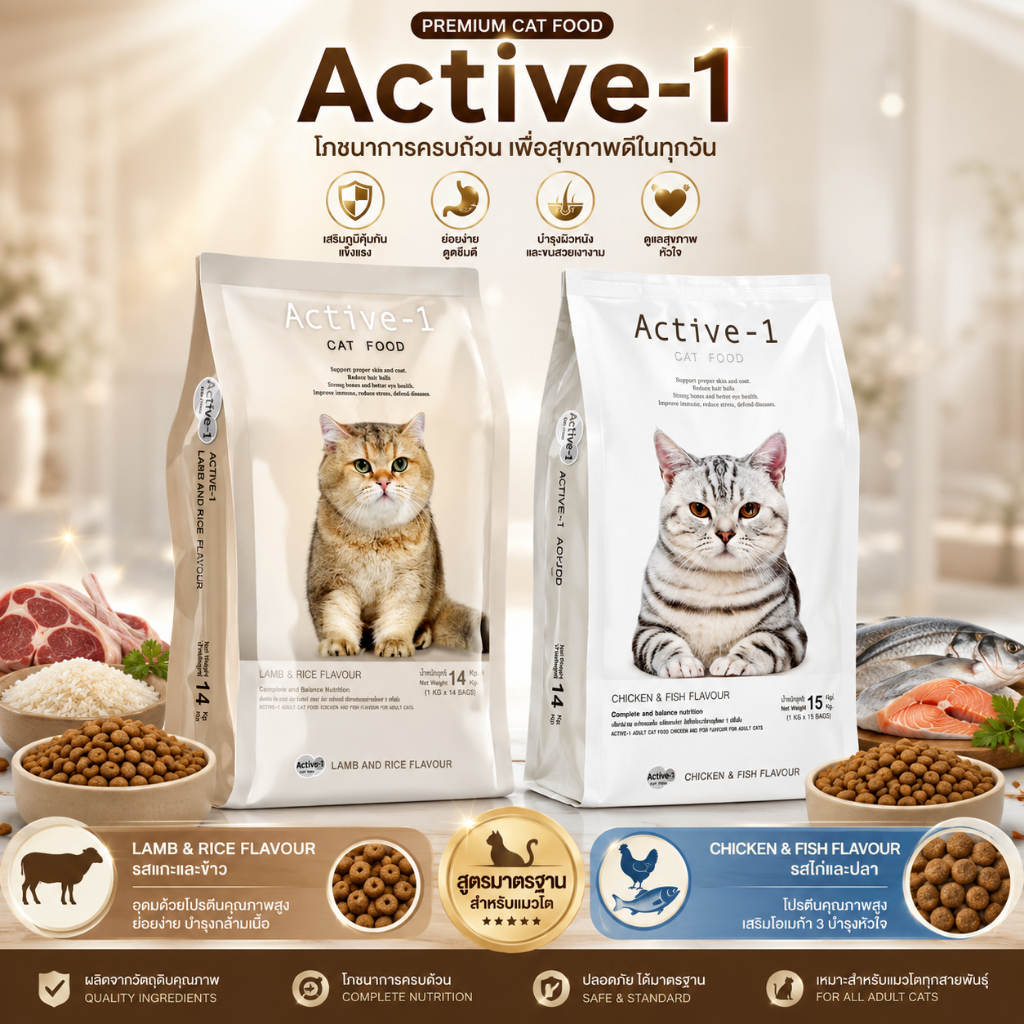 อาหารแมว Active-1 เกรดพรีเมี่ยมขนาด 14-15 กก. สำหรับแมวอายุ 4 เดือนขึ้นไป ไม่เค็ม โซเดียมต่ำ