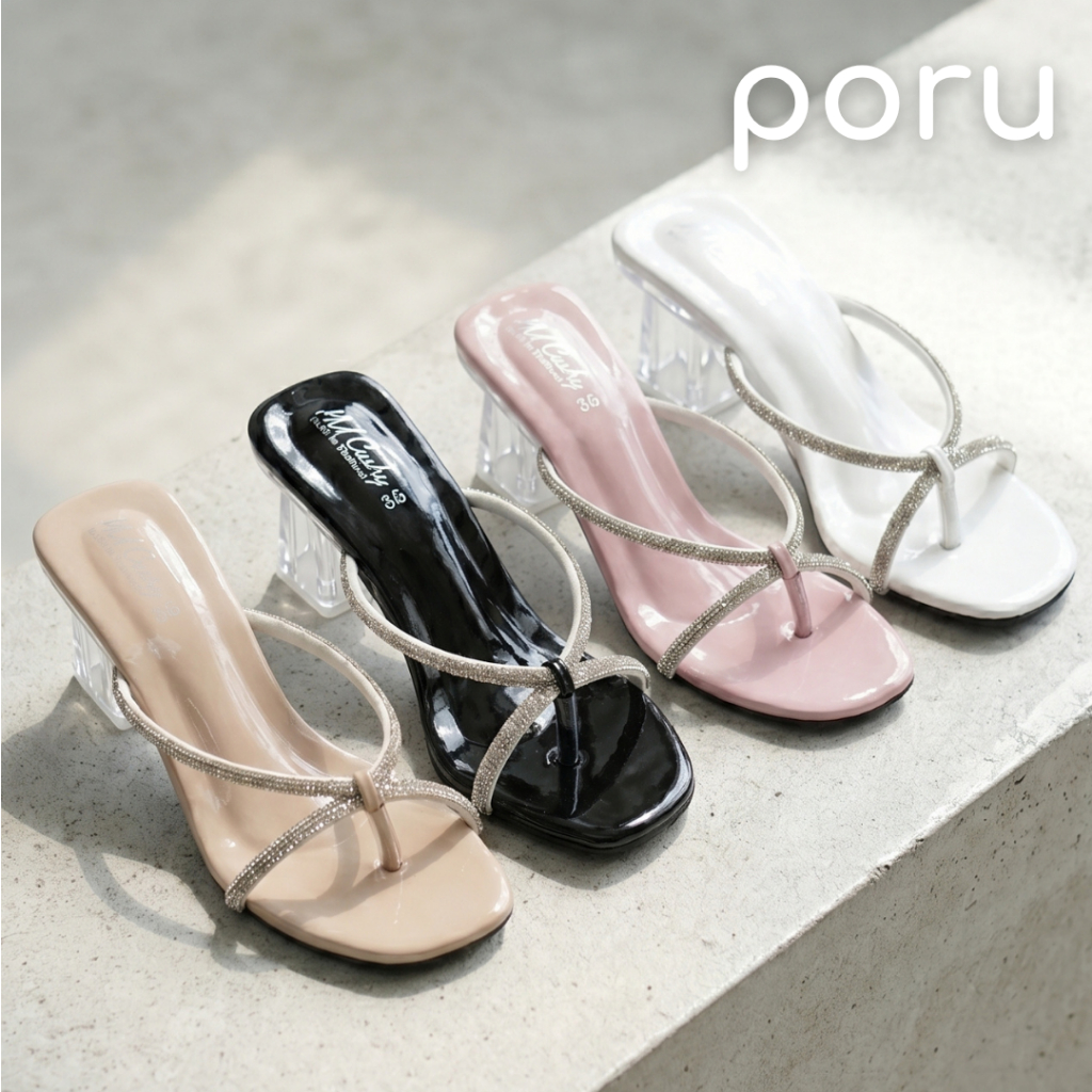 [ส่งฟรี]Poru รองเท้าส้นสูงส้นแก้วใส ดีไซน์หูคีบสายเพชรพรีเมียม สวยหรู ขับผิว เรียบหรูดูแพง ใส่สบาย ออกงานได้ MN912