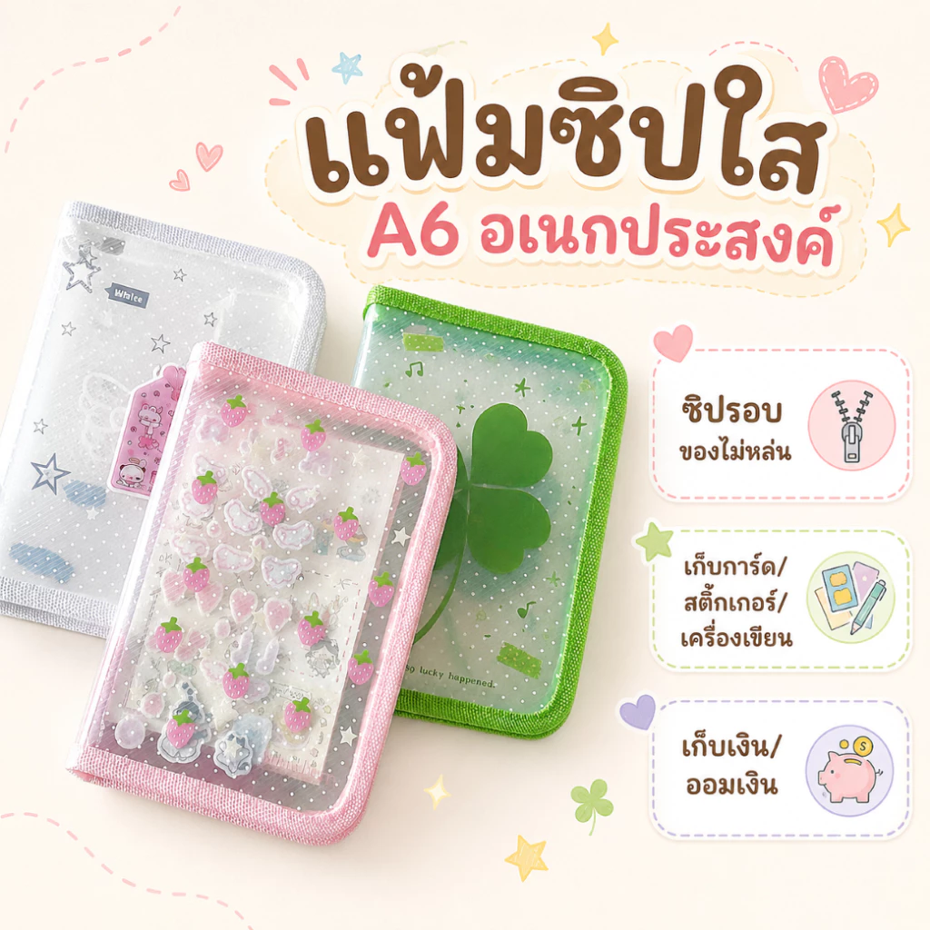 แฟ้มซิปใสอเนกประสงค์ A6 สไตล์เกาหลี อัลบั้มใส่รูปโพลารอยด์ สติ๊กเกอร์ ลายน่ารัก หัวซิปรูปดาว กันน้ำ
