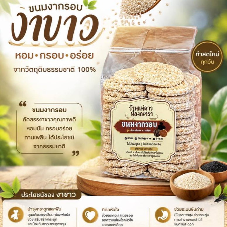 ขนมงาล้วนอบกรอบน้ำตาลโตนดไม่เหนียวไม่แข็งไม่ติดฟันขนาด500กรัม
