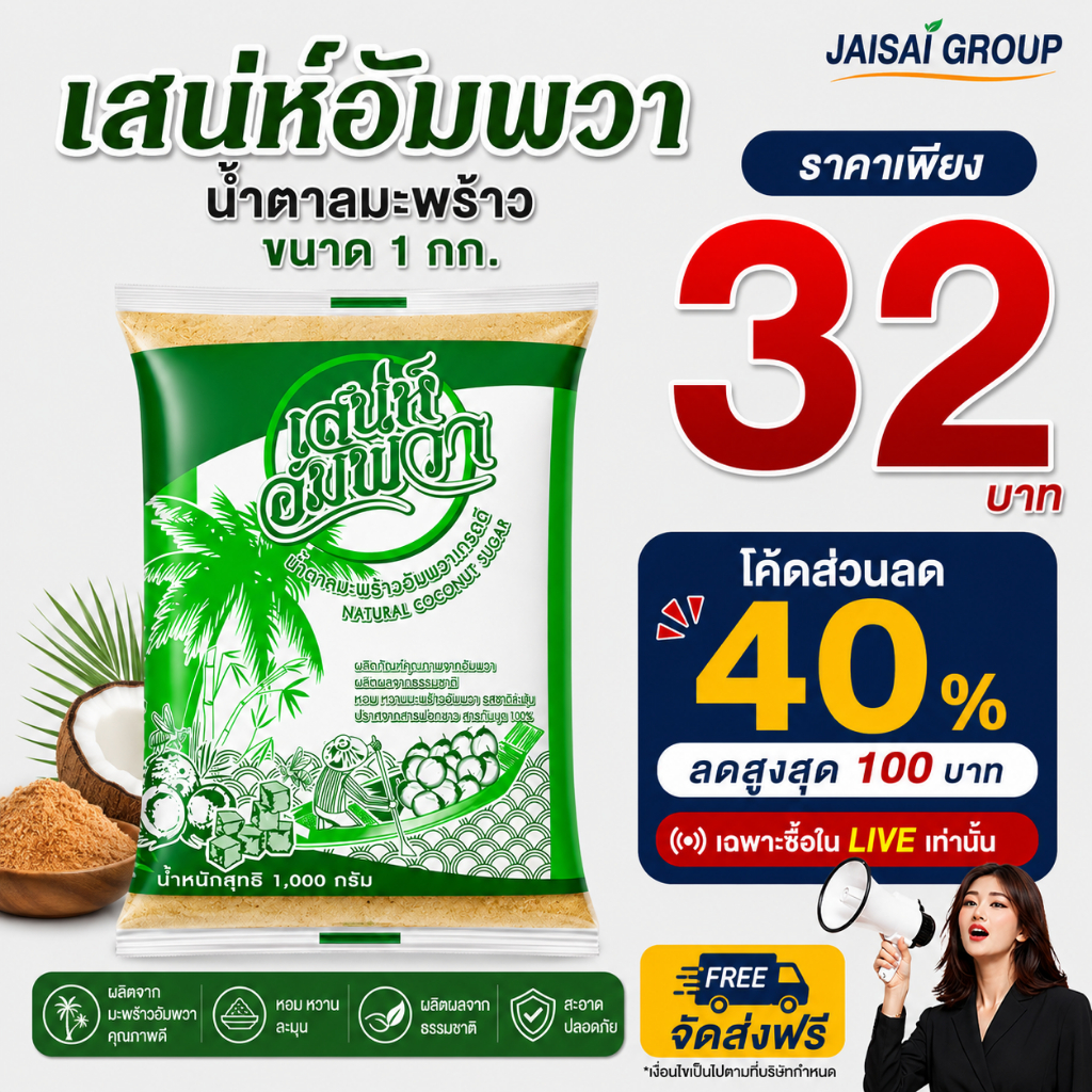 🟢LIVE40%100🟢 [x3ถุง] เสน่ห์อัมพวา น้ำตาลมะพร้าวแท้ "เขียว" ขนาด1กก.