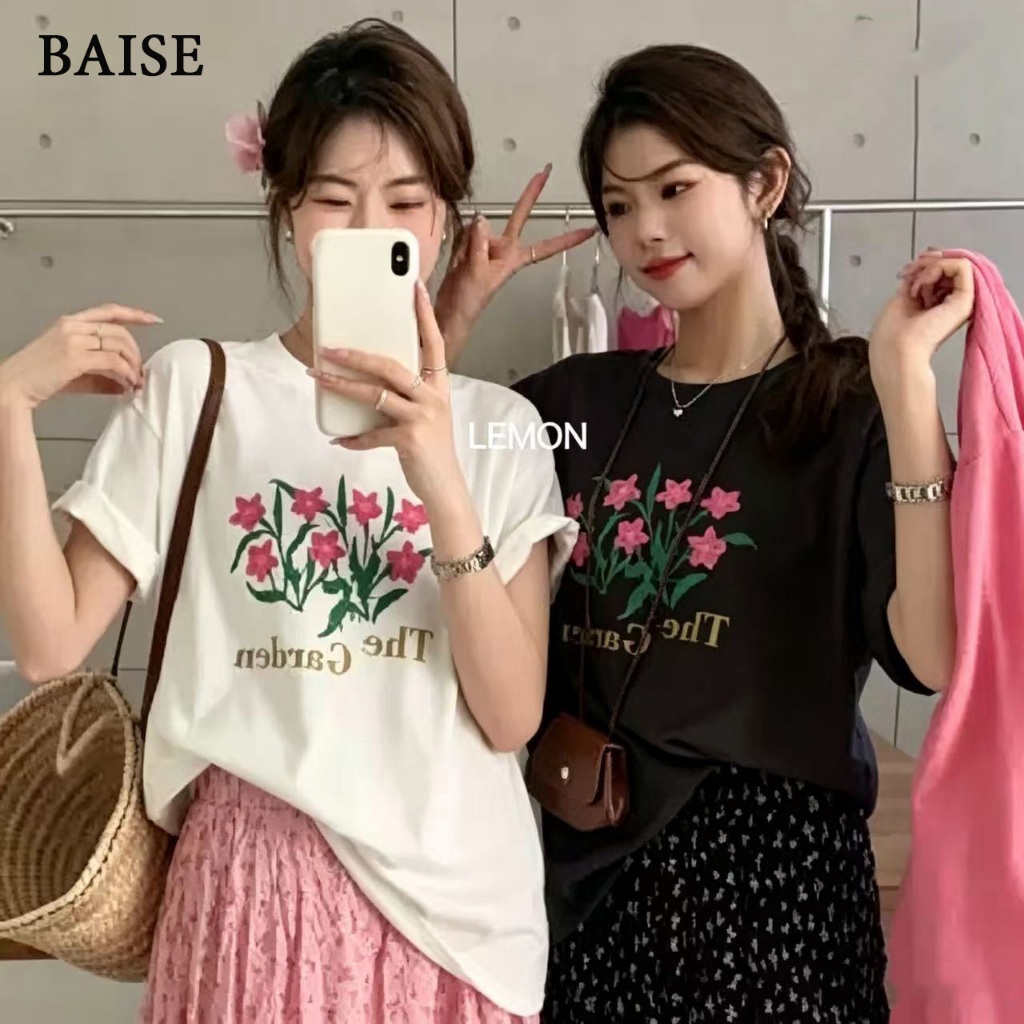 BAISE T-shirt จัดส่งจากไทย🌹เสื้อยืดแขนสั้นผู้หญิง oversize เสื้อยืดคอกลม ทรงหลวม ลายพิมพ์ดอกไม้ ผ้านุ่ม ใส่สบาย ขาว/สีดำ