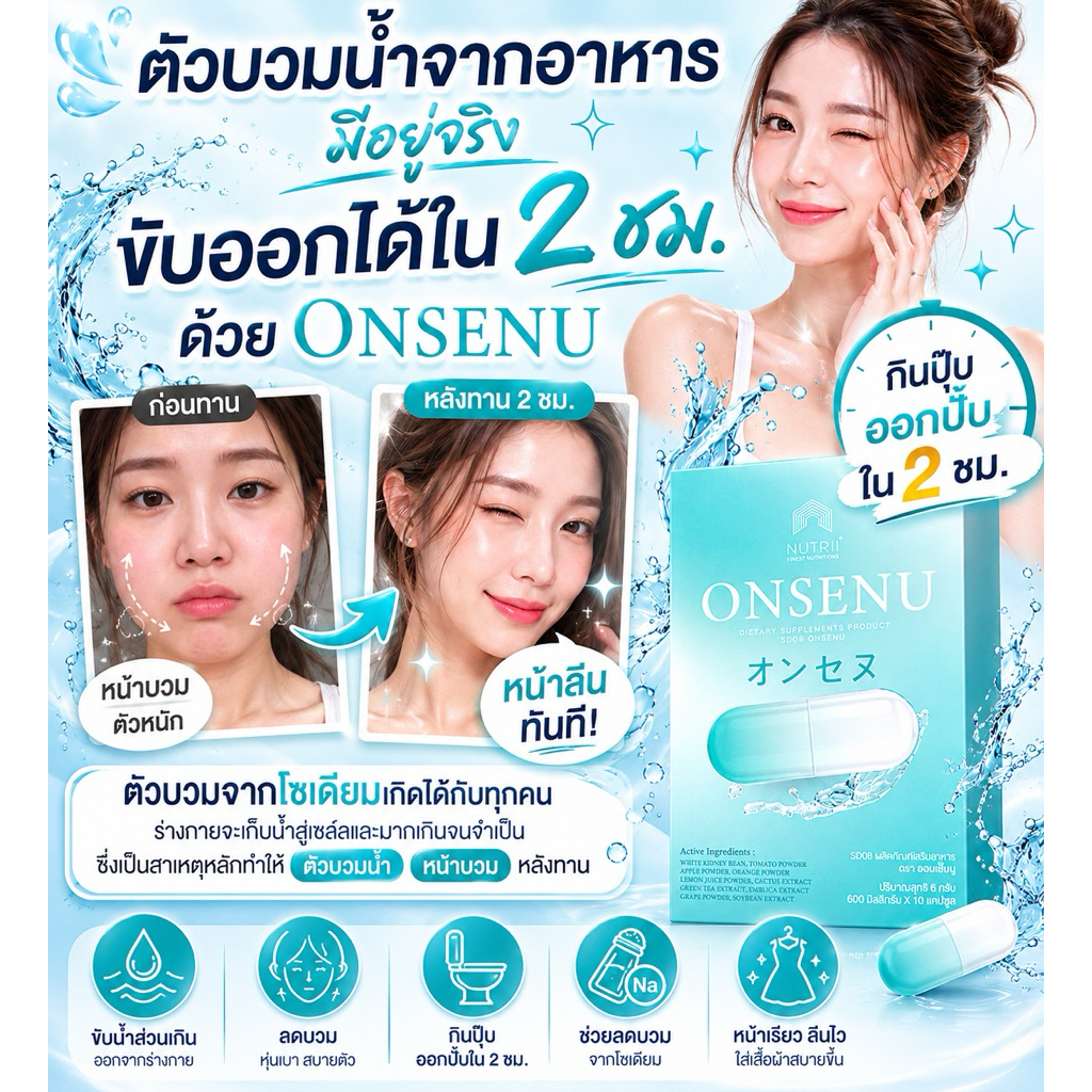 4 แถม 4 ONSENU นวัตกรรมออนเซนรูปแบบแคปซูล ขับของเสียชนิดเหลวขับโซเดียมลดบวมเปรียบเสมือนแช่ออนเซ็นนานถึง 2 ชั่วโมงทุกวัน