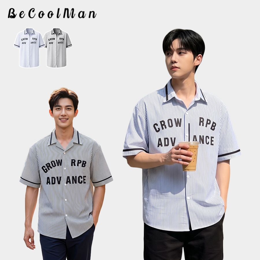 💥BecoolMan💥เสื้อเชิ้ตรุ่นใหม่ ลายทางย้อนยุค ลายตัวอักษร แขนสั้นฤดูร้อน หลวมสบาย การพักผ่อน รุ่นใช้ได้ทั้งชายและหญิง