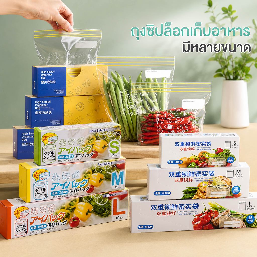 Fudonar ถุงซิปล็อกเก็บอาหาร พร้อมตัวเลื่อน ปิดสนิท กันรั่ว กันชื้น เก็บอาหารสด-แห้งในตู้เย็น