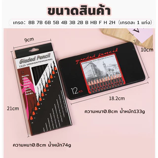 MIZOO 12 ชิ้น Sketch ชุดดินสอ 2H-8B ดินสอวาดรูป ศิลปะ วาดภาพ ดินสอไม้มืออาชีพ ไม่แตกง่าย เขียนได้ราบรื่น