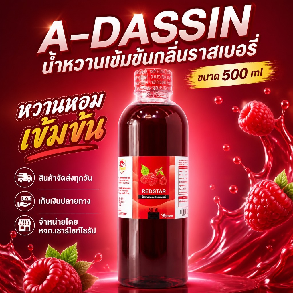 ฝาแดง REDSTAR น้ำหวานเข้มข้นกลิ่นราสเบอรี่ ขนาด 500 ML ครึ่งลิตร  จำนวน 1 ขวด RED5-1