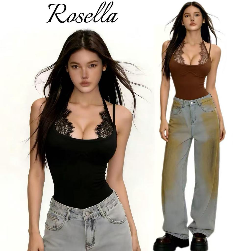 Rosella【สินค้าใหม่👗】บอดี้สูทสองชิ้นแบบผูกคอแต่งลูกไม้สุดเซ็กซี่และเย้ายวนใจ ช่วยให้รูปร่างดูเพรียวบางและเซ็กซี่สุดๆ