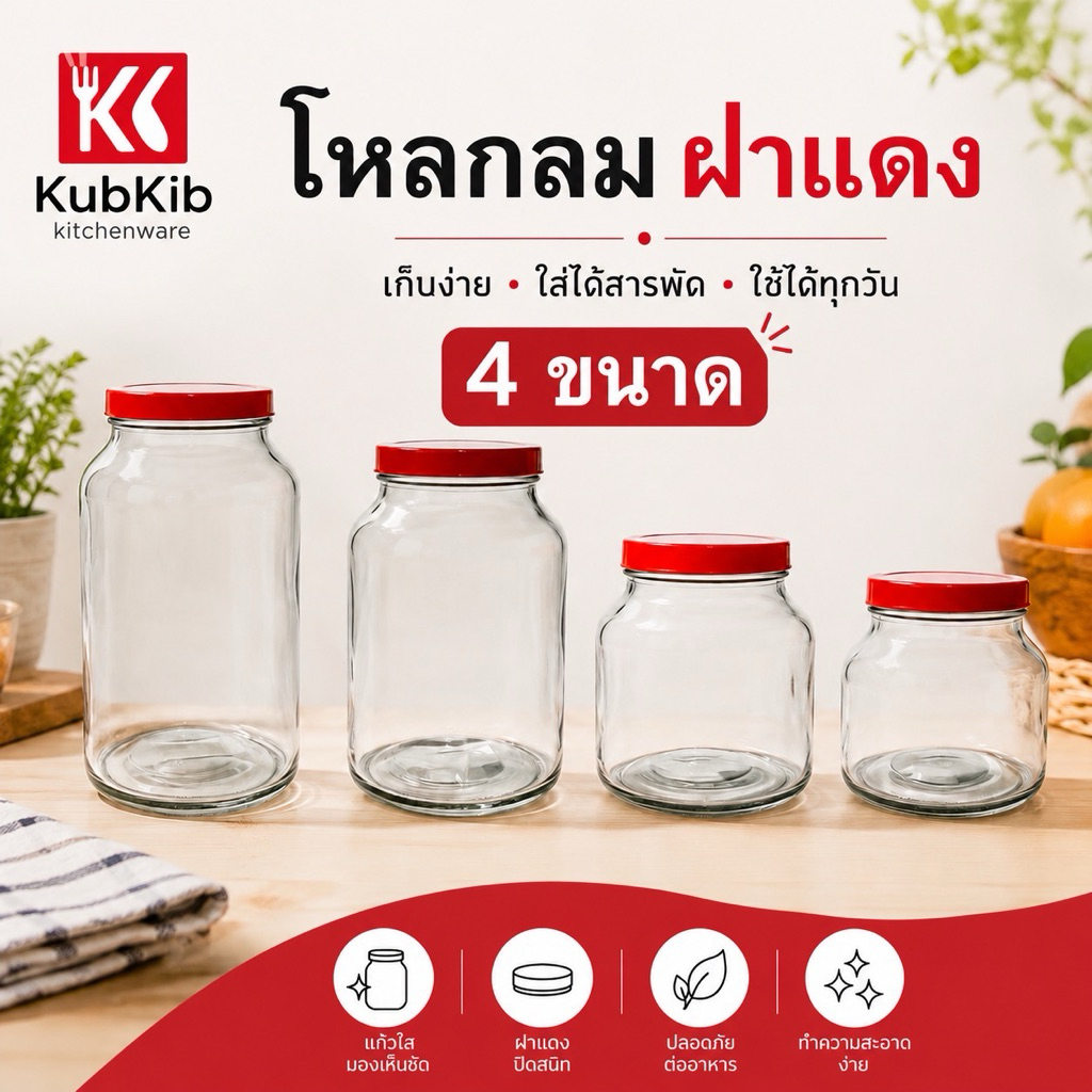 โหลแก้วใส โหลกลมฝาแดง โหลดองยา(BC) ความจุ1.5L-1.8L-2.2L-3L