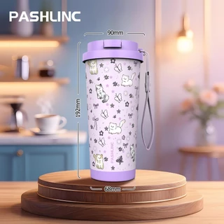 PASHLINC แก้วกาแฟลายการ์ตูน 17oz 500ml เคลือบเซรามิก สแตนเลสสุญญากาศ ฝา2ทางดื่ม กันรั่ว เก็บร้อน24ชม. เก็บเย็น12ชม. พกพา
