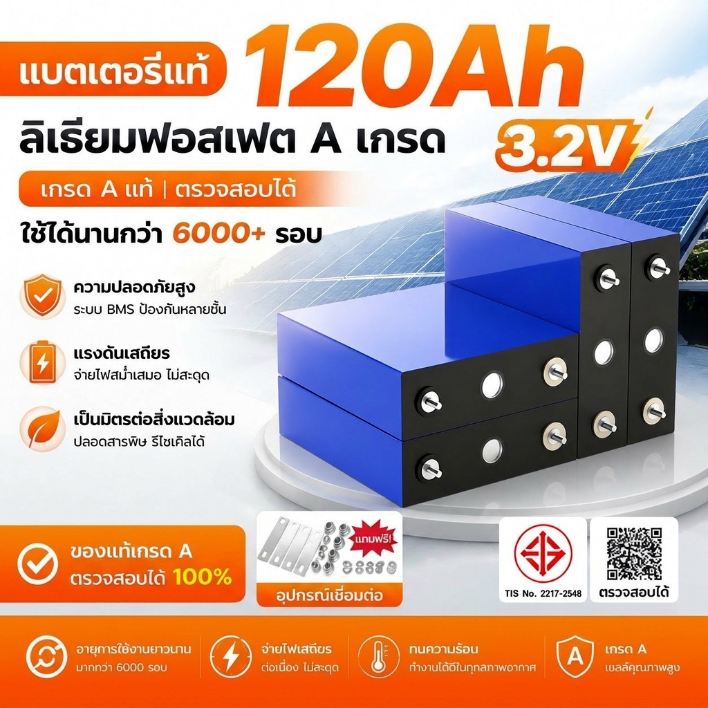 แบตเตอรี่ลิเธียมฟอสเฟส (Lithium iron phosphate) LiFePo4 3.2V 120AH แบตลิเธียม 3.2v280a Lithium【COD】