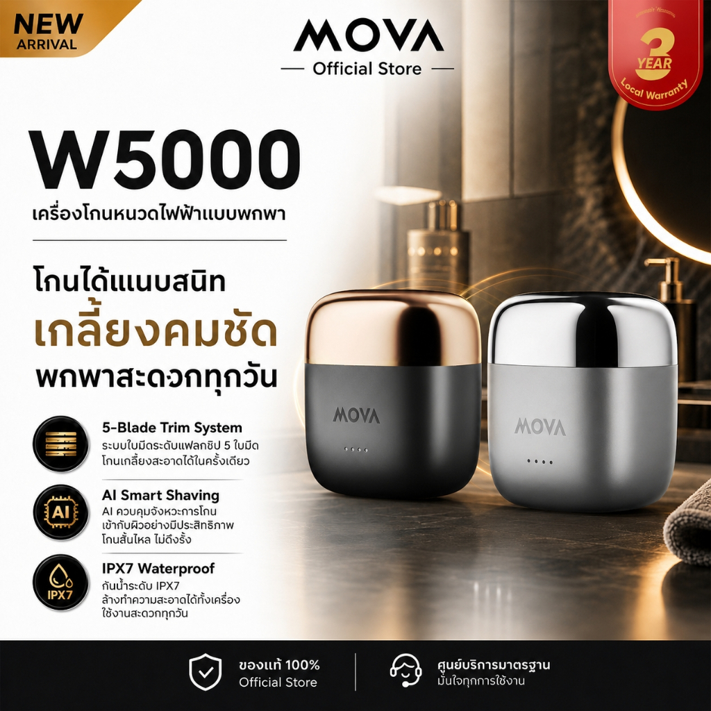 MOVA W5000 เครื่องโกนหนวดไฟฟ้า 5 ใบมีด 12000RPM ระบบ AI ควบคุมอัจฉริยะ ไม่ดึงขนหนวด กันน้ำ IPX7 แบตใช้งาน 60 นาที