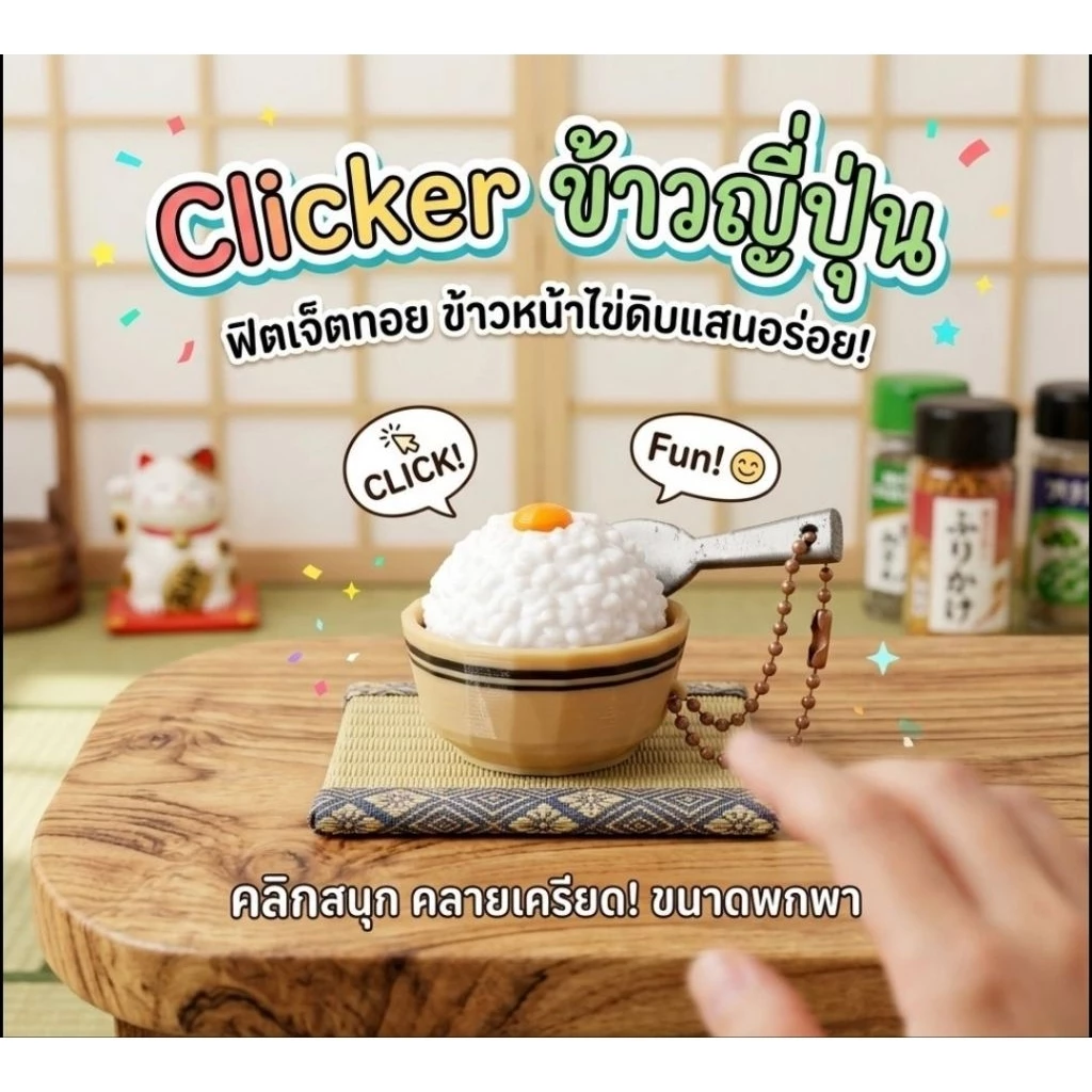 ของเล่น clicker พวงกุญแจข้าวหน้าไข่ญี่ปุ่น มีช้อน กดเพลินมาก