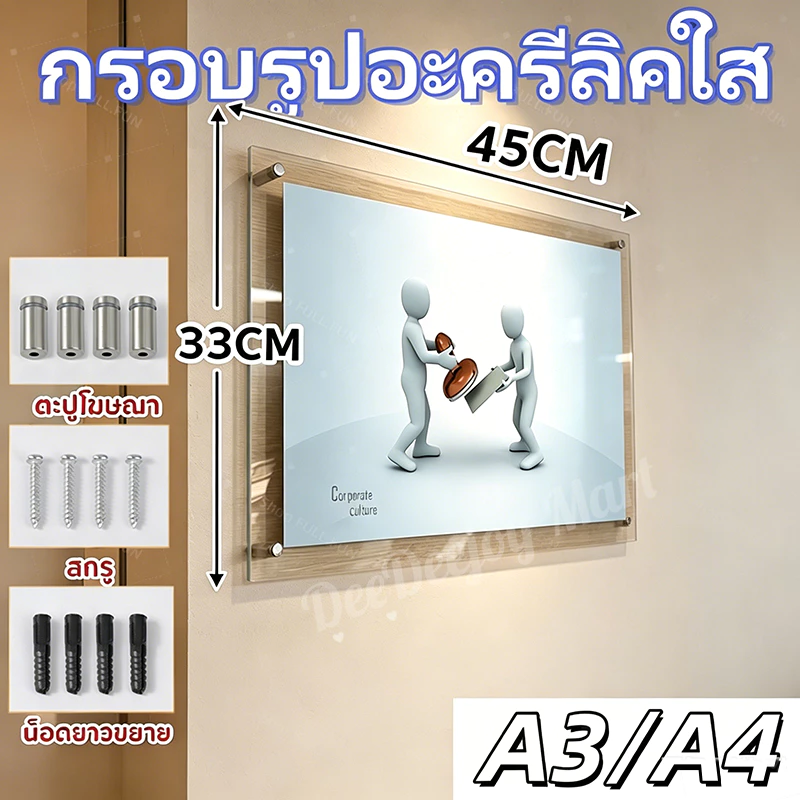 [พร้อมส่ง] ป้ายอะคริลิค กรอบรูปอะคริลิค ขนาด A3/A4 ใสโปร่ง ติดผนัง ตกแต่งบ้าน พร้อมหมุดลอย