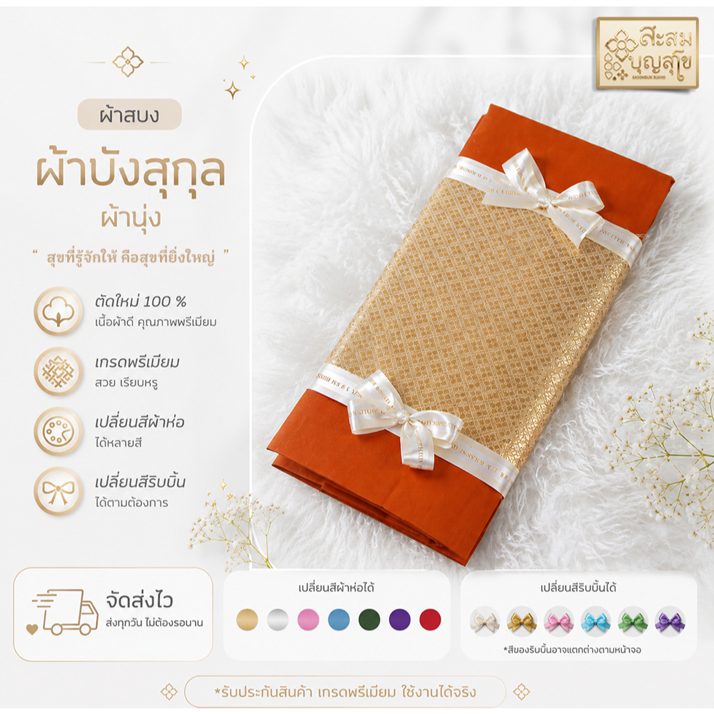 สบง ผ้าสบงพระ ผ้าบังสกุล (ห่อดิ้นทอง เนื้อโทเร เกรดพรีเมี่ยม ของใช้ถวายพระสงฆ์) - ร้านสะสมบุญ สุโข