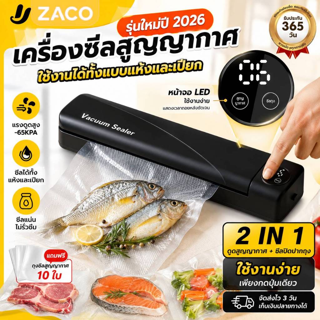 ZACO เครื่องแพ็คสุญญากาศถนอมอาหาร เครื่องซีลปิดปากถุง ใช้งานในครัวเรือน ช่วยรักษาความสดของอาหาร