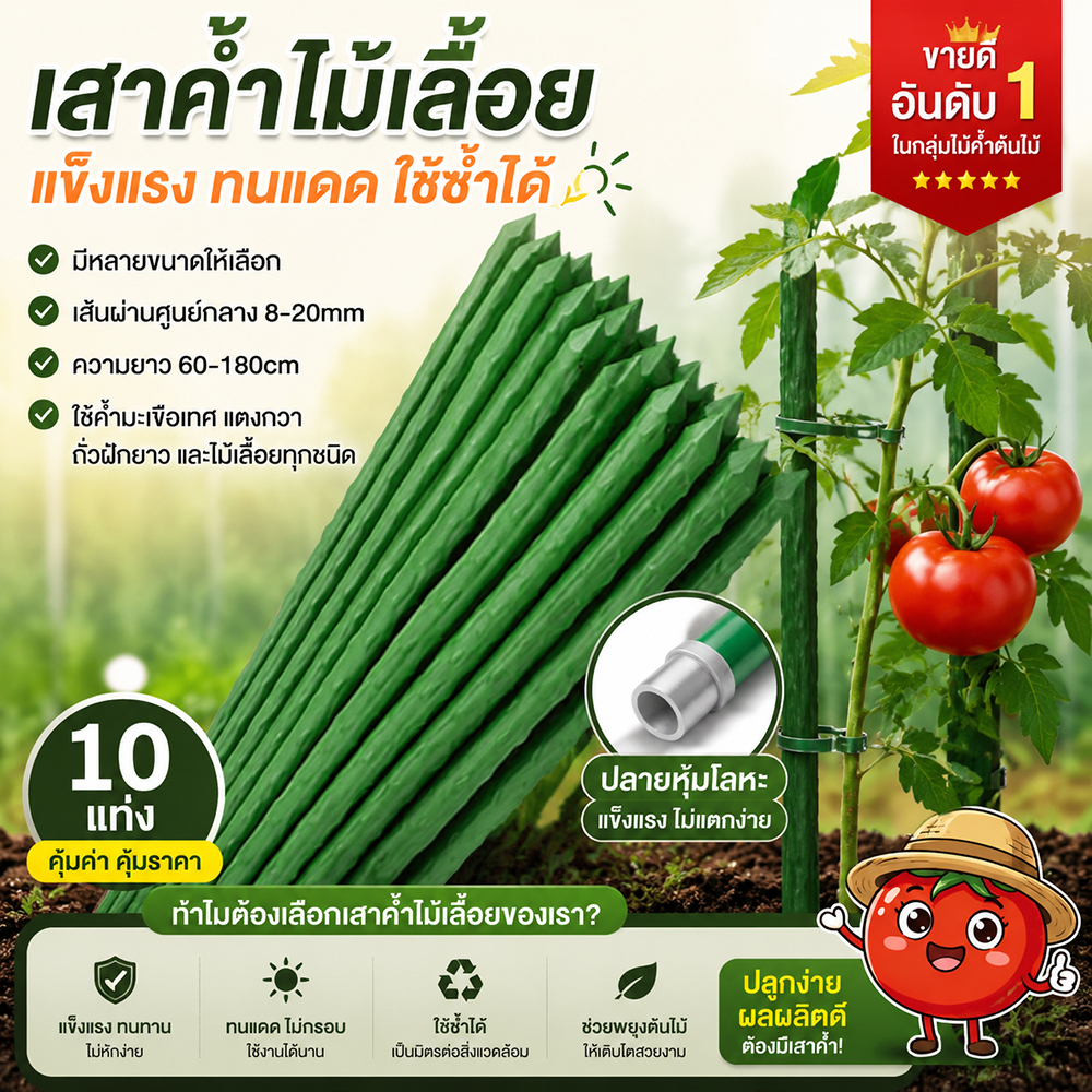 ไม้ค้ำต้นไม้ยาว 60 - 180ซม. วัสดุทำจากเหล็ก เคลือบพลาสติกสีเขียวที่ทนทานต่อการใช้งานและไม่เป็นสนิม