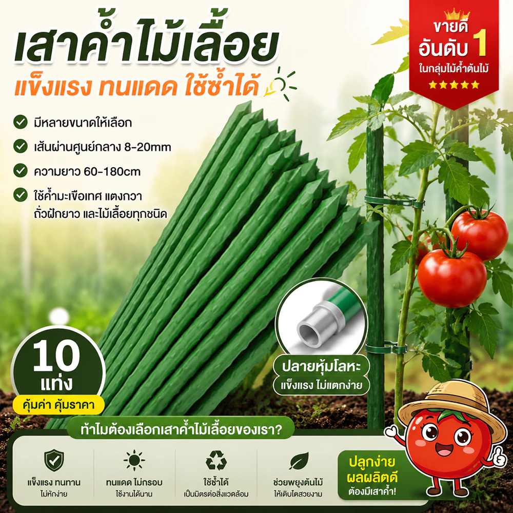 ไม้ค้ำต้นไม้ยาว 60 - 180ซม. วัสดุทำจากเหล็ก เคลือบพลาสติกสีเขียวที่ทนทานต่อการใช้งานและไม่เป็นสนิม