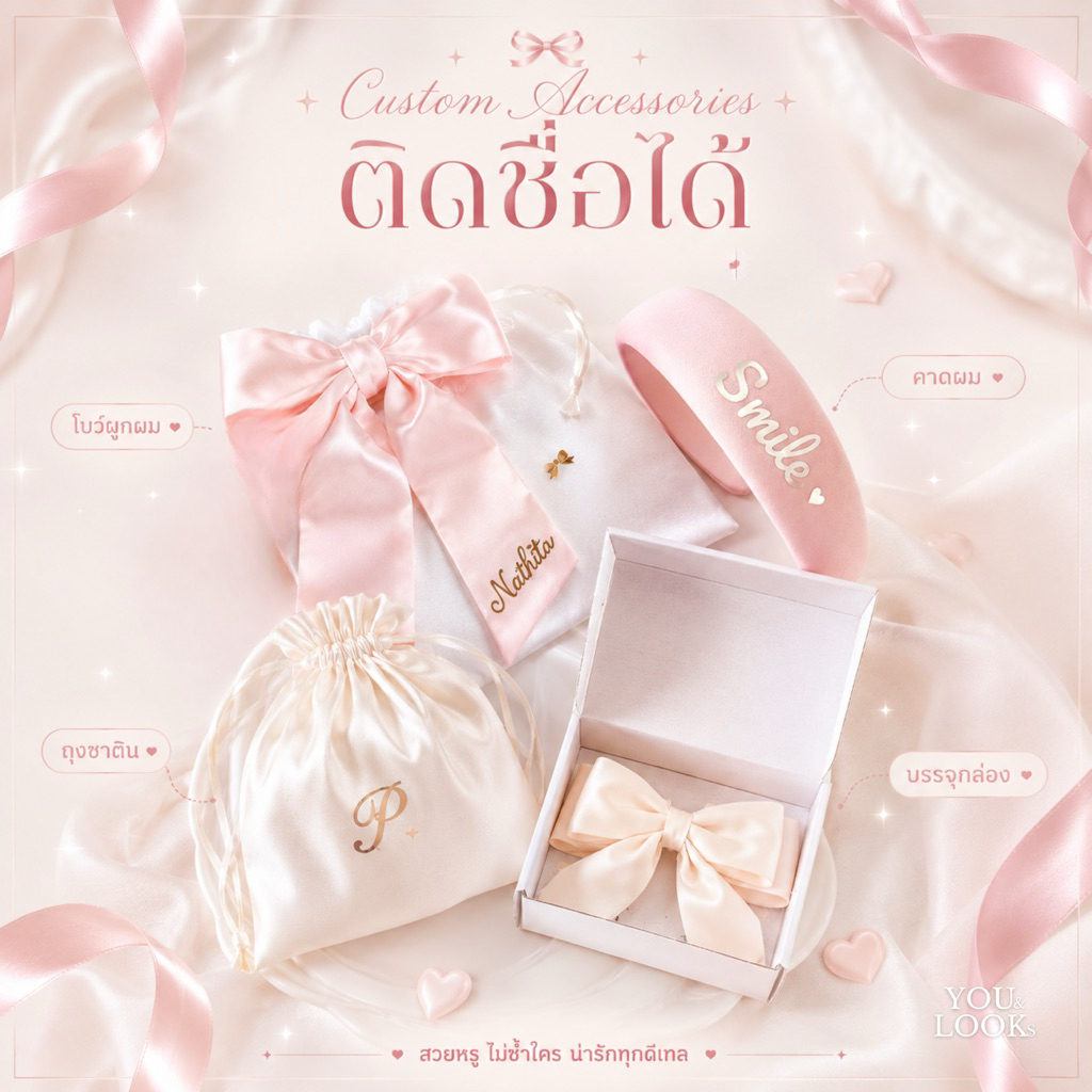 (เตรียมสินค้า 1-2วัน)  โบว์ & ที่คาดผม สกรีนชื่อได้ ฟรีถุงผ้าซาติน  | เลือกฟอนต์-สีฟอนต์ได้ บรรจุกล่องสวยๆ ฟรีการ์ด