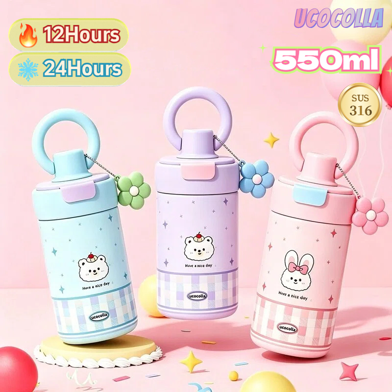 UCOCOLLA แก้วน้ําสุญญากาศ Cutied Cup Tumbler 550ML พร้อมหลอดดูด 24hเก็บอุณหภูมิร้อนเย็น การเดินทาง กิจกรรมกลางแจ้ง