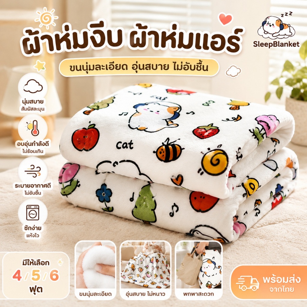 ผ้าห่มงีบ ผ้าห่มแอร์ ขนนุ่มละเอียด ลายการ์ตูน ผืนใหญ่ 4/5/6 ฟุต ใช้ในห้องแอร์ พกพาสะดวก SleepBlanket
