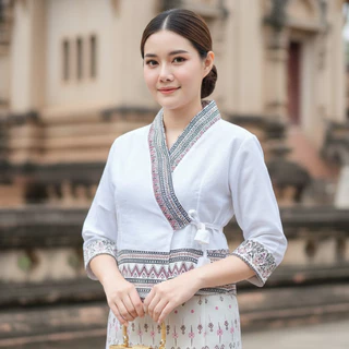 เสื้อผ้าฝ้าย เสื้อพื้นเมือง เจ้านางลายไทยสีขาว
