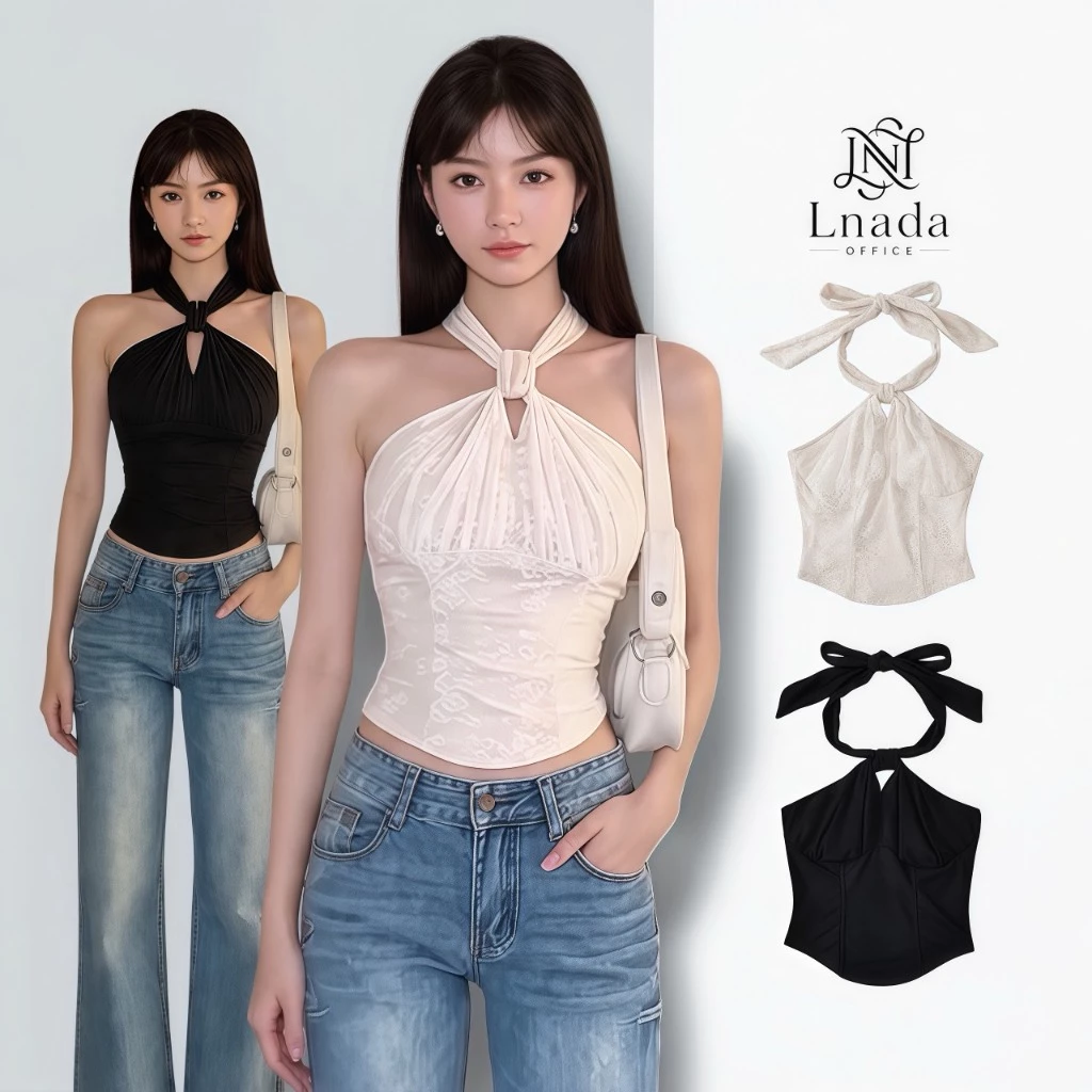 L'nada【พร้อมส่ง】เสื้อคล้องคอลูกไม้ เข้ารูปโชว์ไหล่เปิดหลัง เพิ่มมิติให้ลุคดูโดดเด่นสวยเป๊ะ มี3สี (3004)