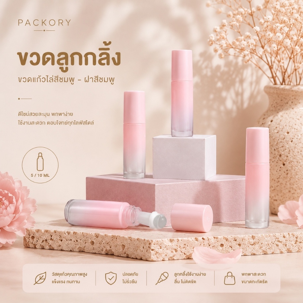 PACKORY ขวดลูกกลิ้งแก้วไล่สีชมพู 5ml 10ml ดีไซน์พรีเมียม พกพาง่าย สำหรับน้ำหอมและออยล์ GS002