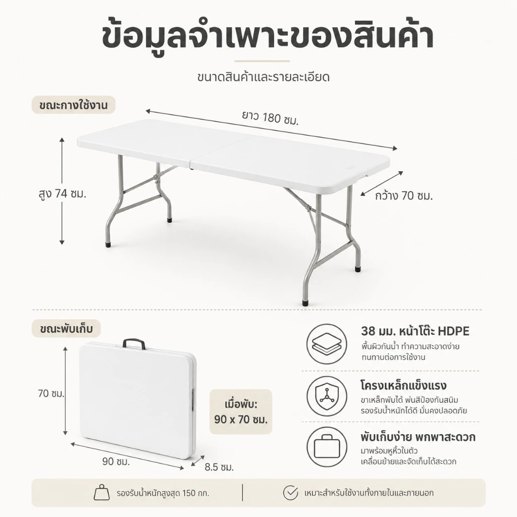 Reflexe โต๊ะพับได้ โต๊ะแคมป์ปิ้ง 180/150/120CM พกพาสะดวก thumbnail 10