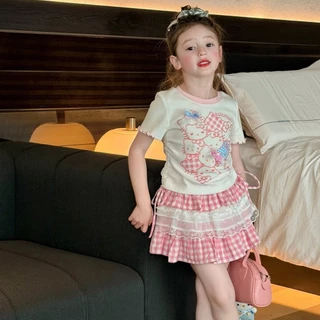 BB320 ชุดเด็กผู้หญิง 2 ชิ้น เสื้อยืดลายแมวน่ารัก + กระโปรงสก็อตชมพูแต่งลูกไม้