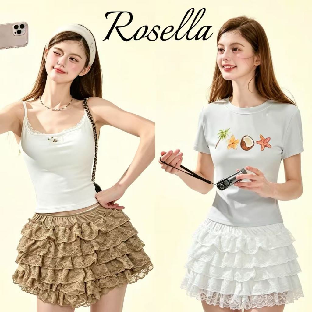 Rosella【สินค้าใหม่👗】กระโปรงระบายทรงเค้กสไตล์ใหม่ หวานและเผ็ดเล็กน้อย กระโปรงทรงพองช่วยให้ดูผอมเพรียว