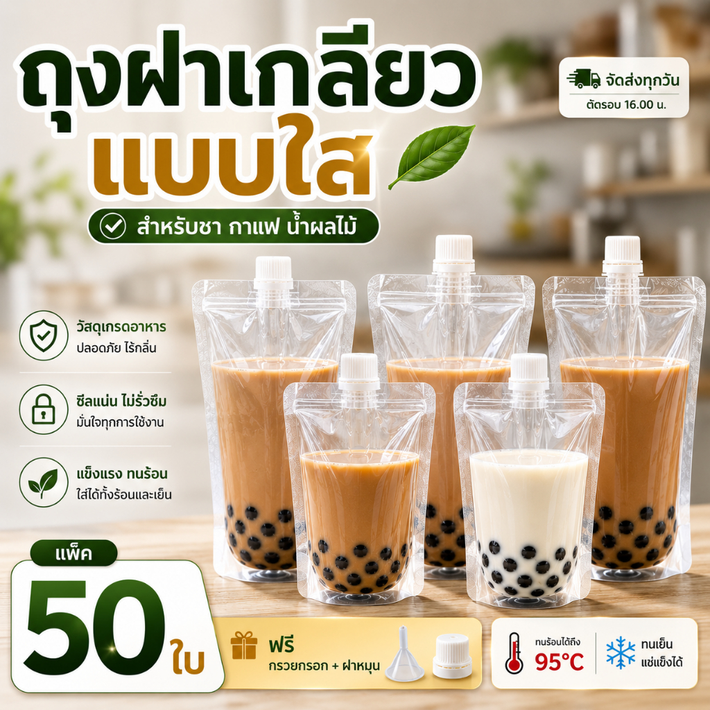 (50 ใบ) ถุงฝาเกลียว ก้นตั้งได้ ถุงใส่น้ำ ถุงใส่น้ำจิ้ม ถุงใส่ซอส ถุงใสเจล ส่งจากไทย