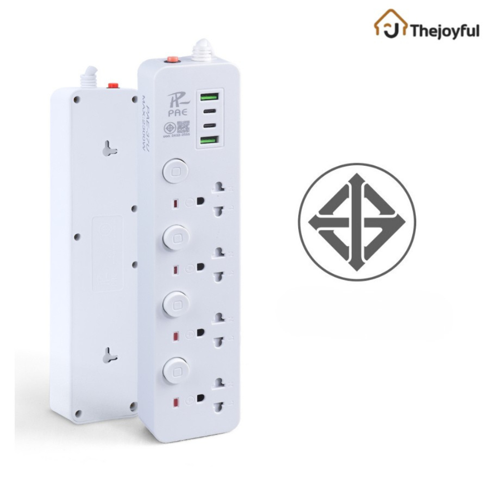 Thejoyful ปลั๊กสามตา มีช่อง USBและType-C พร้อมสวิตช์ปิด-เปิด สายไฟยาว 3 5 10เมตร  power strip