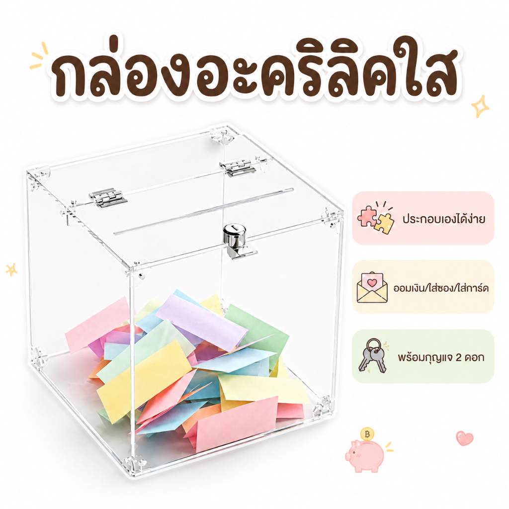 กล่องอะคริลิคใส ล็อคกุญแจได้ หนา 3mm สำหรับออมเงิน/กล่องรับซองงานแต่ง/กล่องโหวต