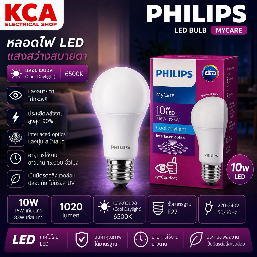 Philips หลอดไฟฟิลิปส์ LED Bulb MyCare 3W 4W 6W 8W 10W 12W 14.5W ขั้วE27 ((กล่องยับบ้าง))