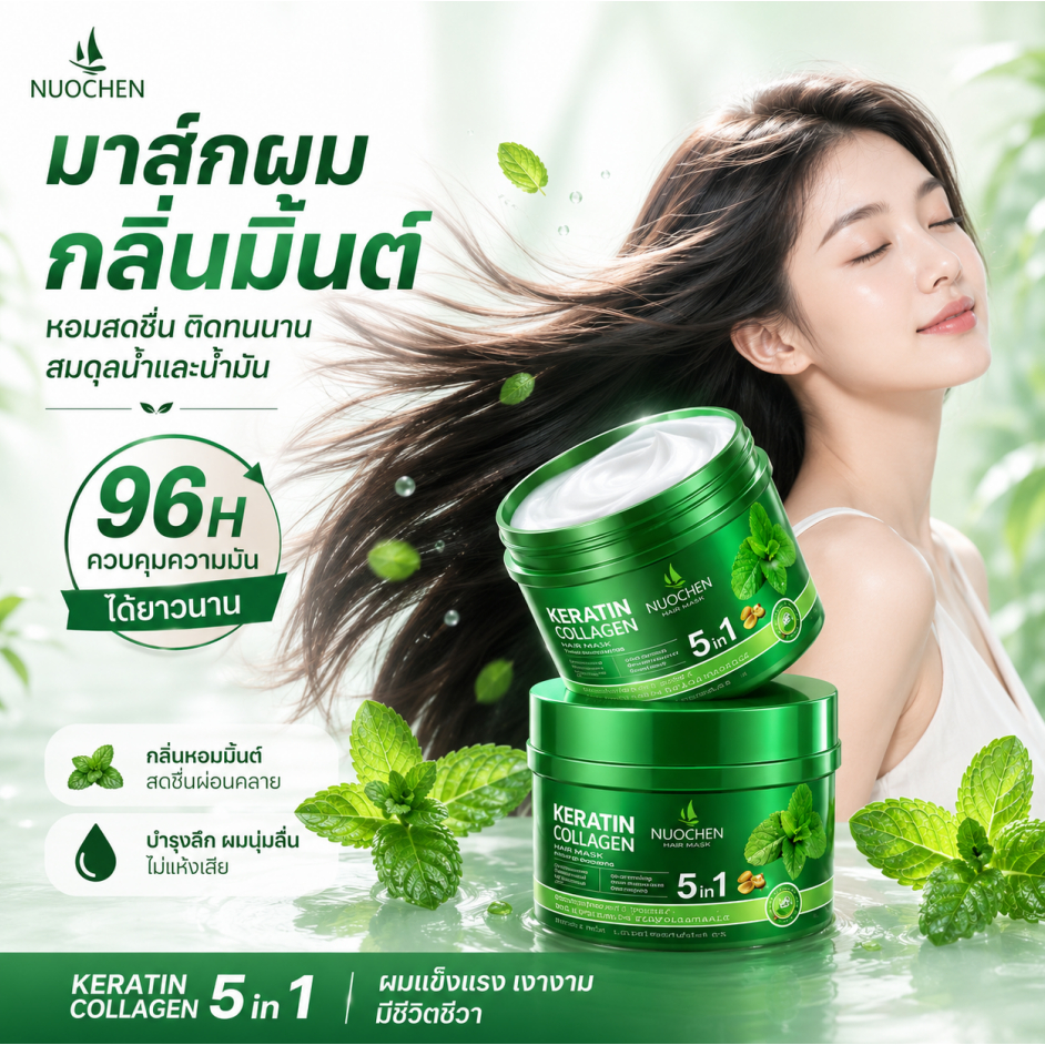 【ซื้อ 2 ได้ 5】มาส์กผมกลิ่นมิ้นต์ 300ml มาส์กบำรุงผม ฟื้นฟูและบำรุงล้ำลึก ควบคุมความมัน ระงับอาการคัน