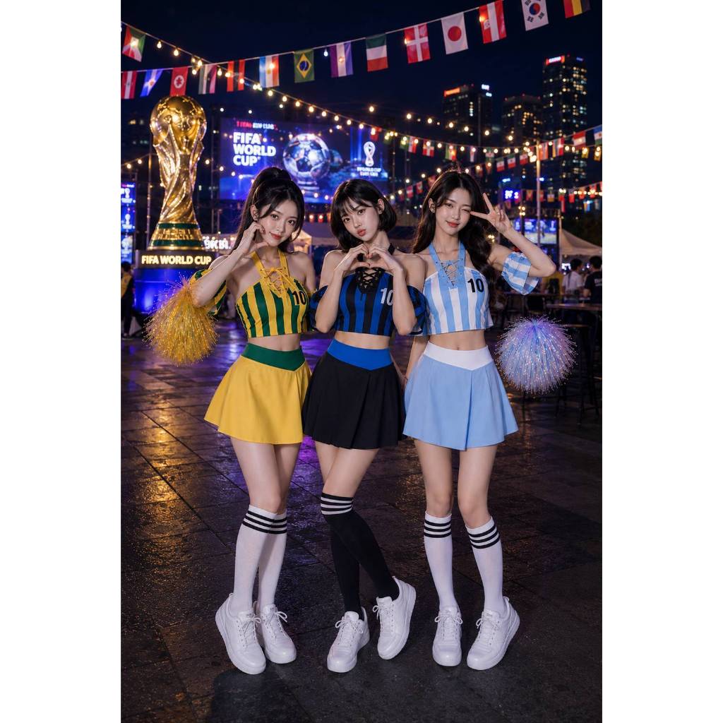 ⚽พร้อมส่งจากไทย(มีรูปงานจริง)ชุดPRเชียร์ฟุตบอล แบบเสื้อปาดไหล่+กระโปรง งานผ้ายืดน่ารักมากค่ะ