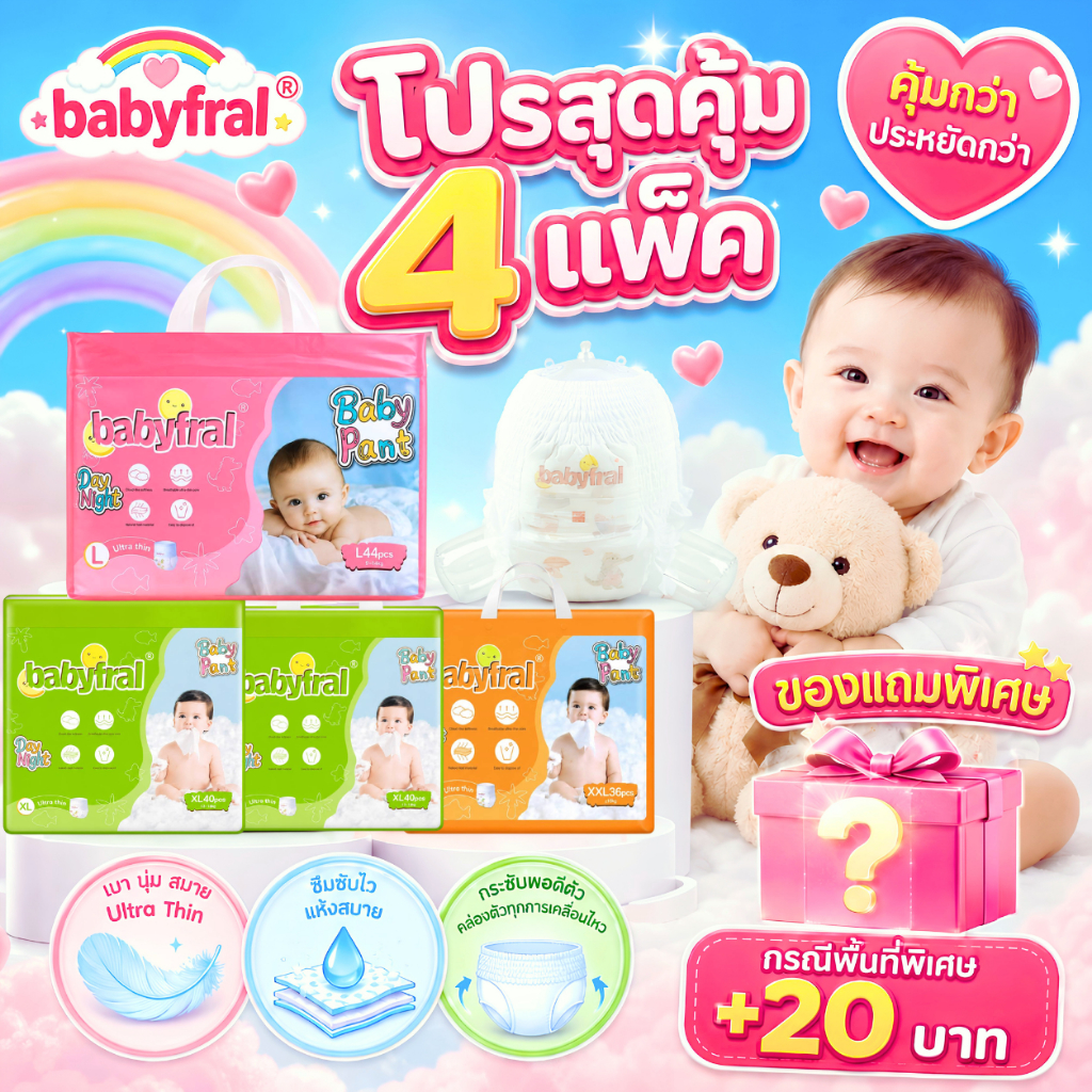 Baby fral แพมเพิสเด็ก นุ่มและแห้งสบาย บางพิเศษ ผ้าอ้อมออแกนิคแบบกางเกง L-XXL (4 แพ็ค+ทิชชู่เปียกแพคใหญ่)