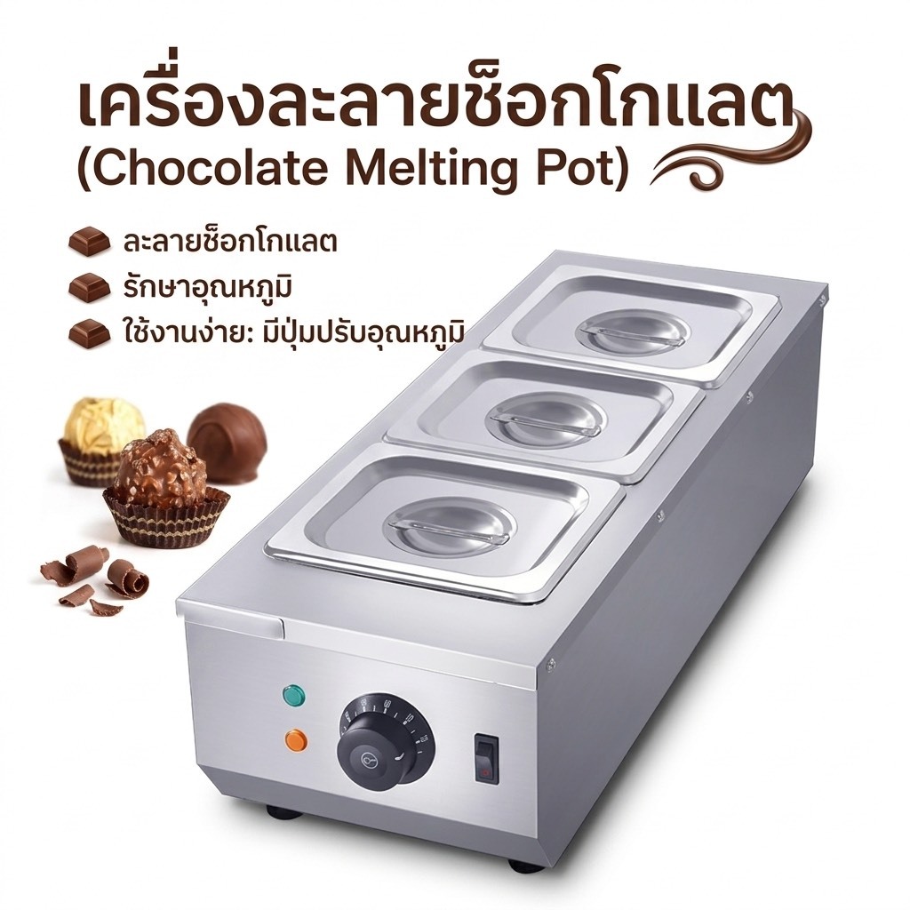 เครื่องละลายช็อกโกแลต 3ช่อง เครื่องอุ่นอาหารแบบBain Marie ขนาด 1+1+1 ลิตร