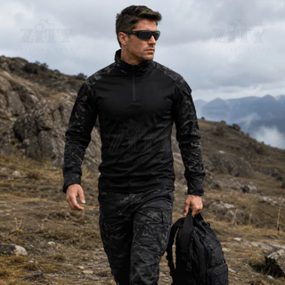 เสื้อเชิ้ตลายพรางยุทธวิธีแขนยาวสำหรับผู้ชาย – เสื้อยืดต่อสู้คอตตอนพร้อมซิปสำหรับสวมใส่ลำลองและกิจกรรมกลางแจ้ง
