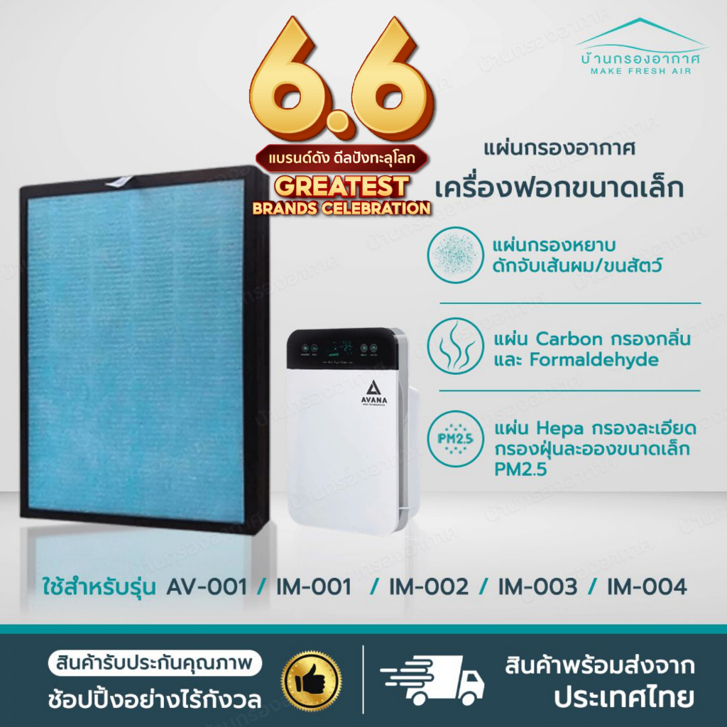แผ่นกรองเครื่องฟอกอากาศรุ่น AV-001 IM-001, IM-002, IM-003, IM-004 AVANA MGT WORLDTECH ใช้ได้หลายรุ่น