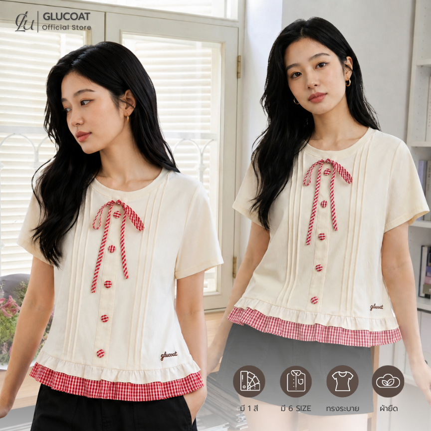 Glucoat | [A631] เสื้อยืดแขนสั้นสีครีม ชายระบายสก็อตสีแดงปัก glucoat พร้อมโบว์ผูกเอง แต่งกระดุมหน้า