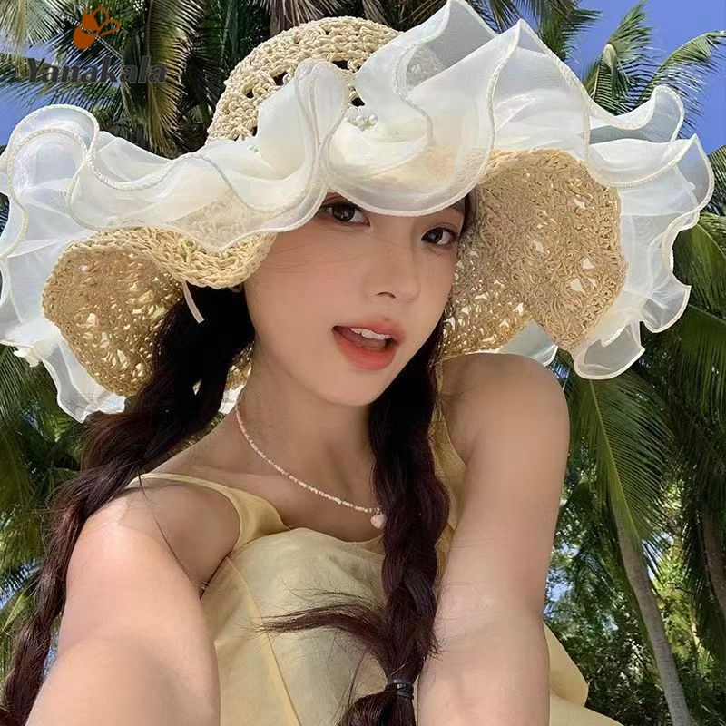 Yanakala หมวกสานทรงกว้าง ผู้หญิง แบบฝรั่งเศส ตกแต่งด้วยลูกไม้ ฤดูร้อน กันแดด ระบายอากาศได้ดี แฟชั่น